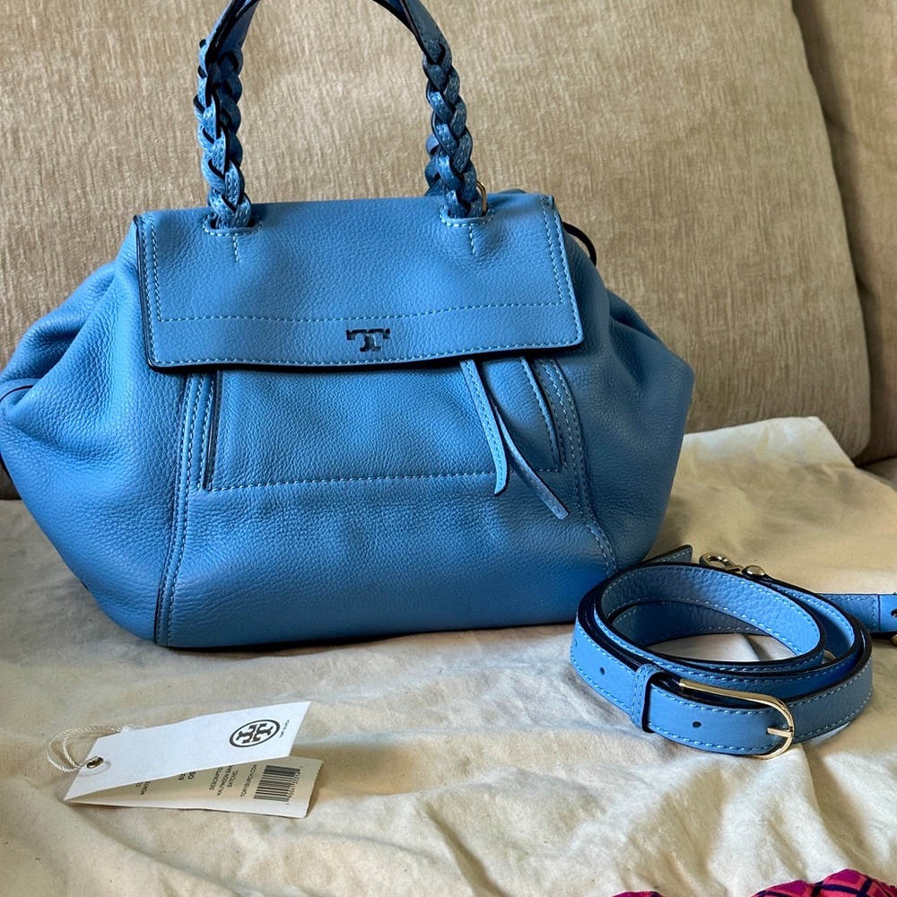 Tory Burch 2way Half Moon Satchel Montego Blue Crossbody Strap Leather Bag